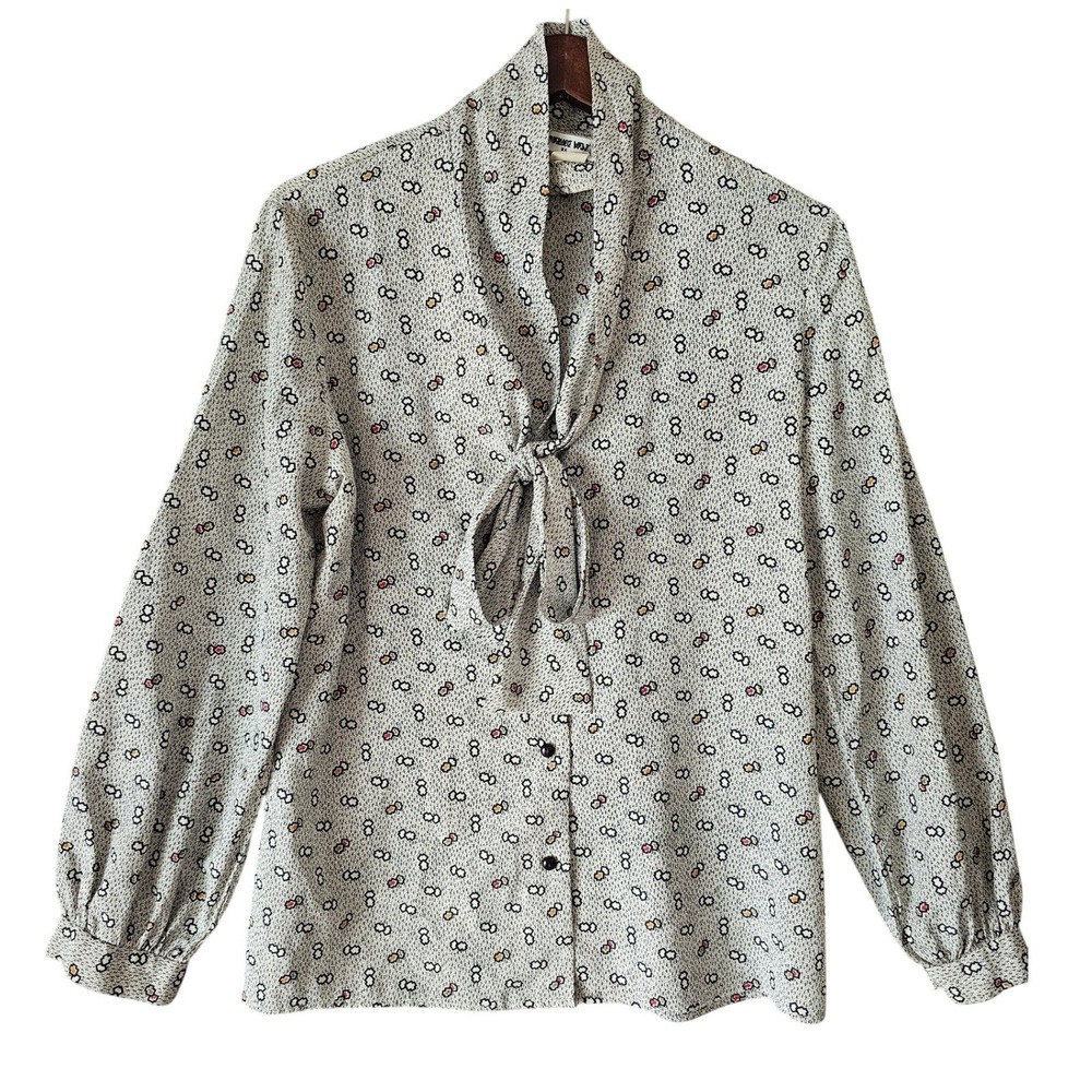 Vintage Contessa Monique Florence Alper Tie Neck Bow Print Blouse Size‎ 14